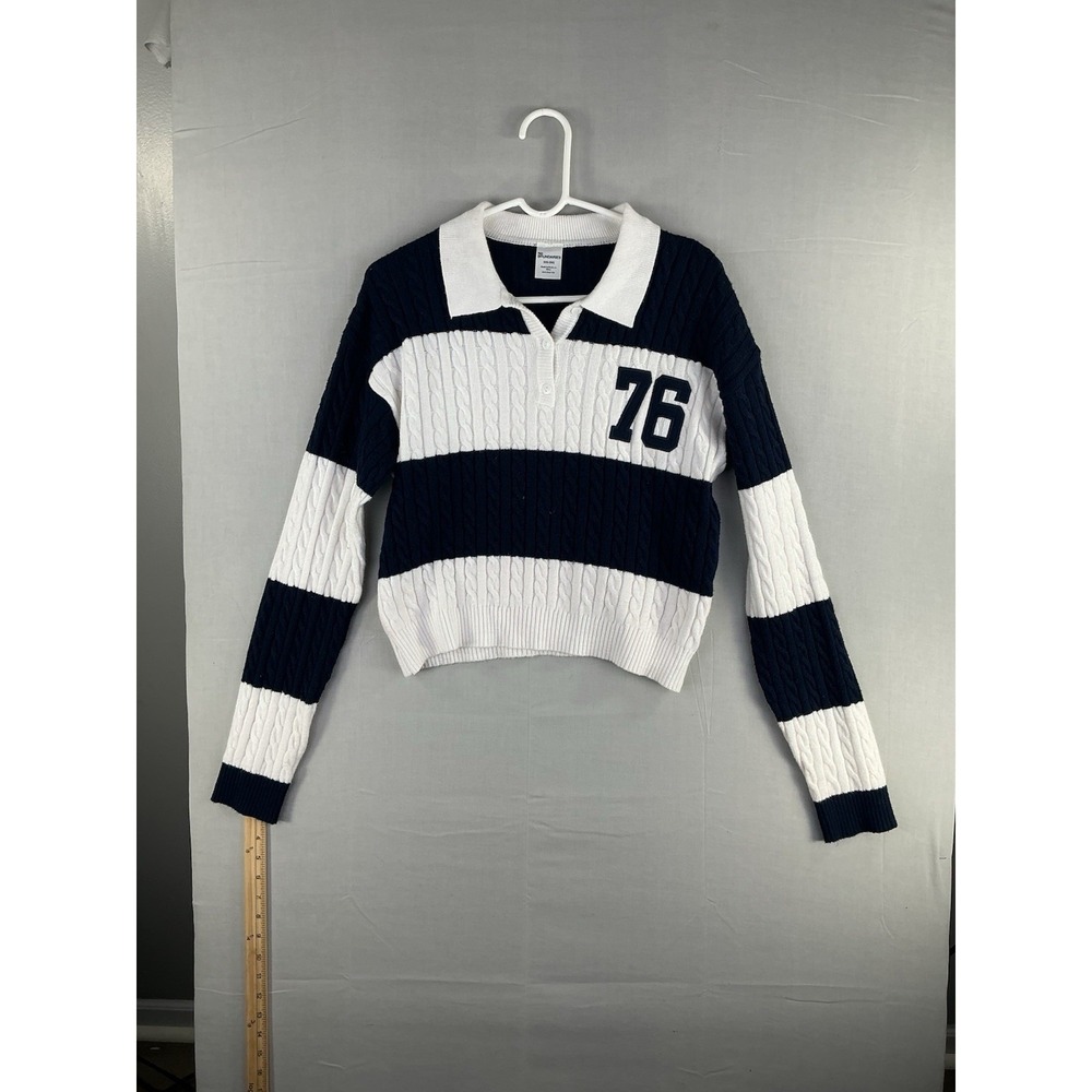 No Boundaries Women's XXS Black White‎ Cable Knit Cropped Rugby Sweater 76